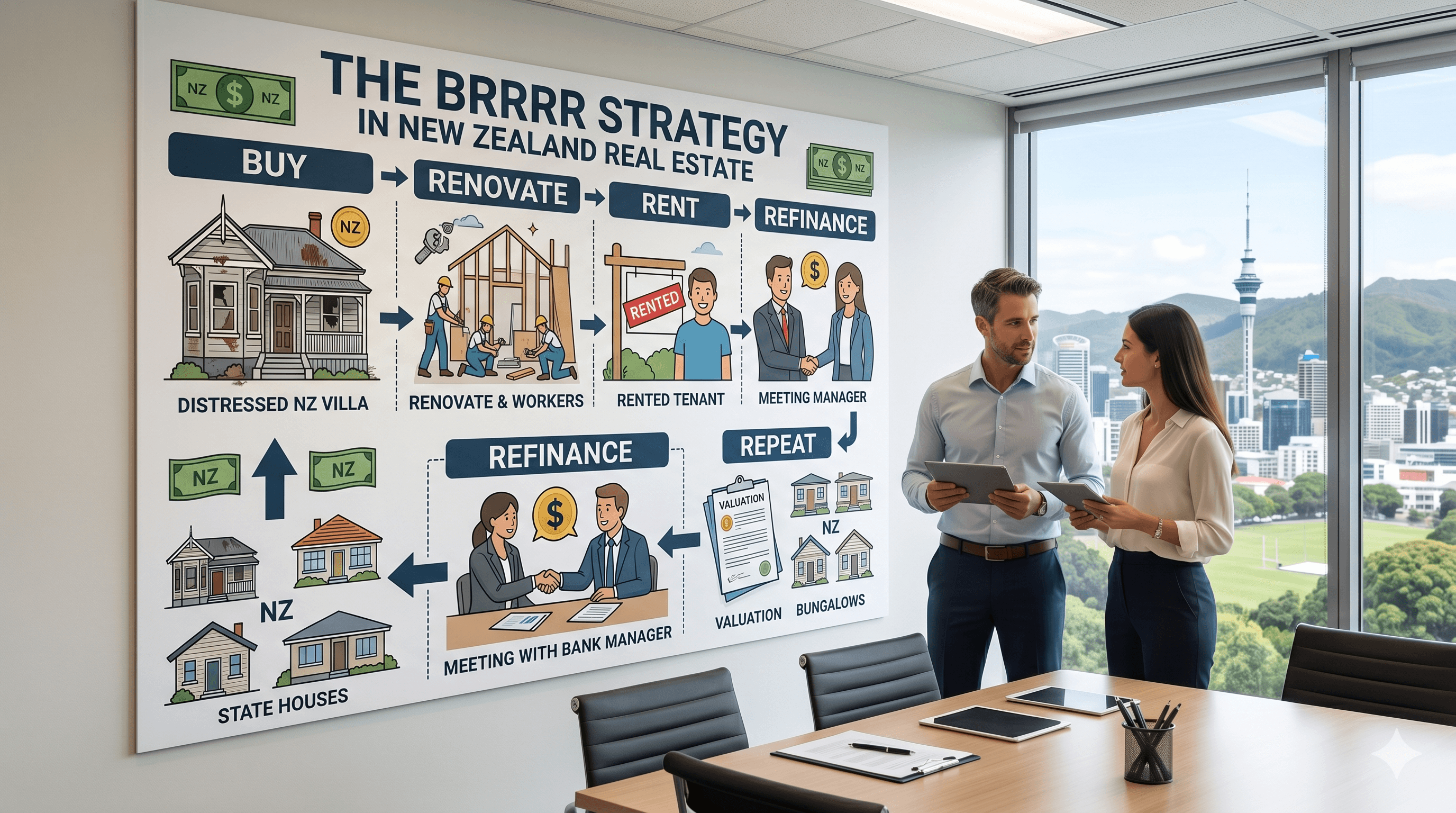 BRRRR property investment loop — buy, renovate, rent, refinance, repeat — NZ investor guide hero image