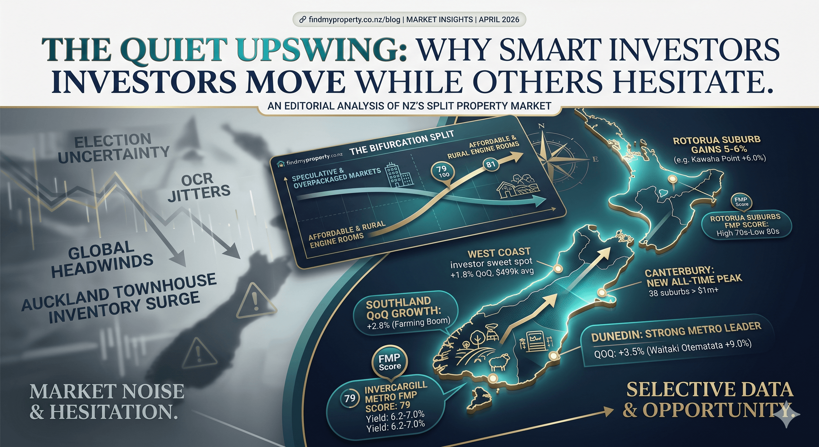 Abstract chart motif suggesting New Zealand property values — regional divergence and investment analysis on FindMyProperty.co.nz