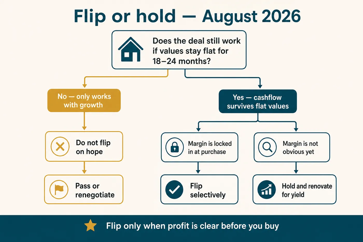 Flip or hold decision tree: stress-test 18 to 24 months of flat values before choosing to flip or hold