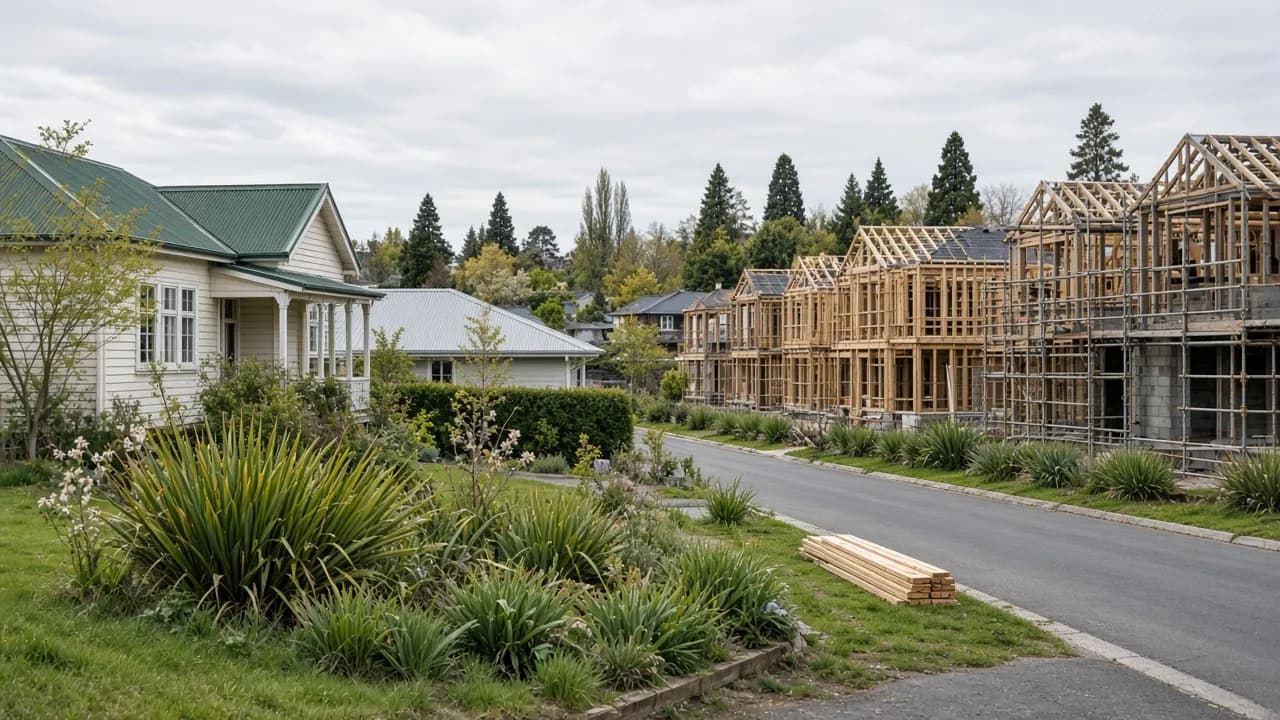 New Zealand suburban houses and townhouses under construction in spring 2026