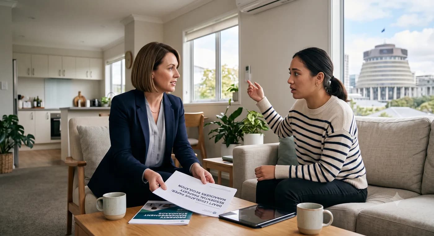Property manager discussing residential property management regulation documents with an investor in New Zealand